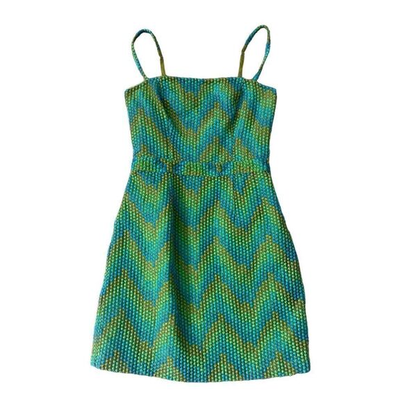 Beth Bowley Blue Green Gradient Textured Polka Dot Chevron Sheath Dress Size 8 - Picture 1 of 16
